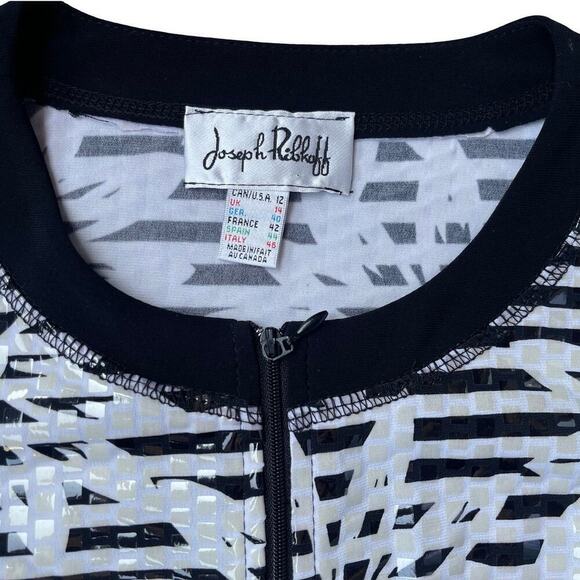 Joseph Ribkoff Full Zip Vinyl Shimmer Striped Floral Jacket Black White Size 12 - Picture 4 of 15